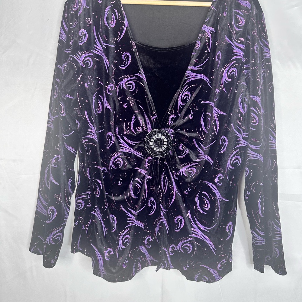 Notations Velour Burnout Black and Purple Swirl Blouse Size 2x